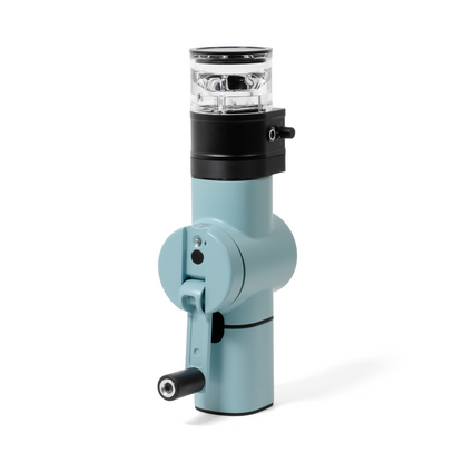 ARO Slow Feeder PRO black aluminum and clear acrylic coffee bean feeder installed on Pietro hand grinder