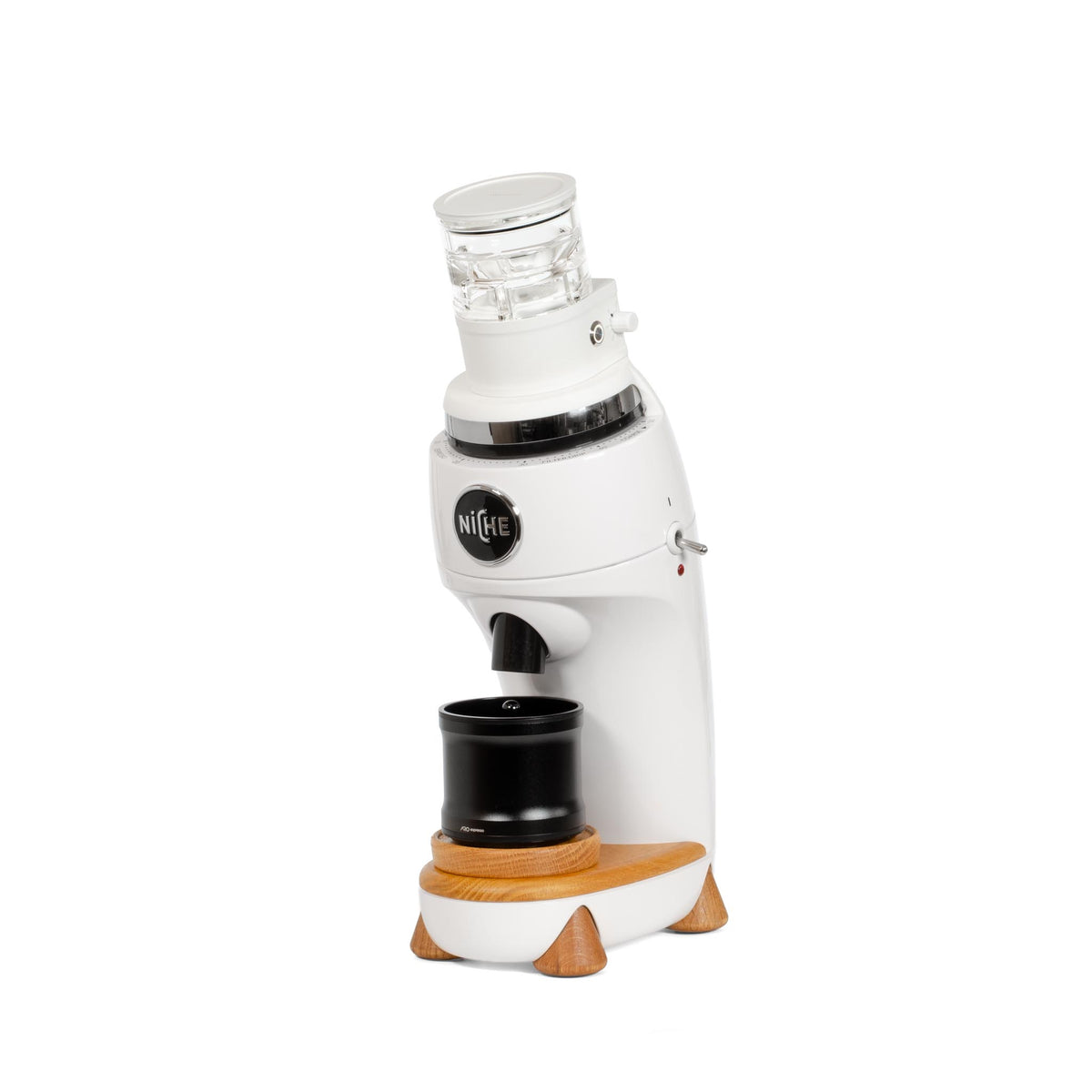 ARO Slow Feeder PRO white aluminum and clear acrylic coffee bean feeder installed on Niche Zero single-dose grinder