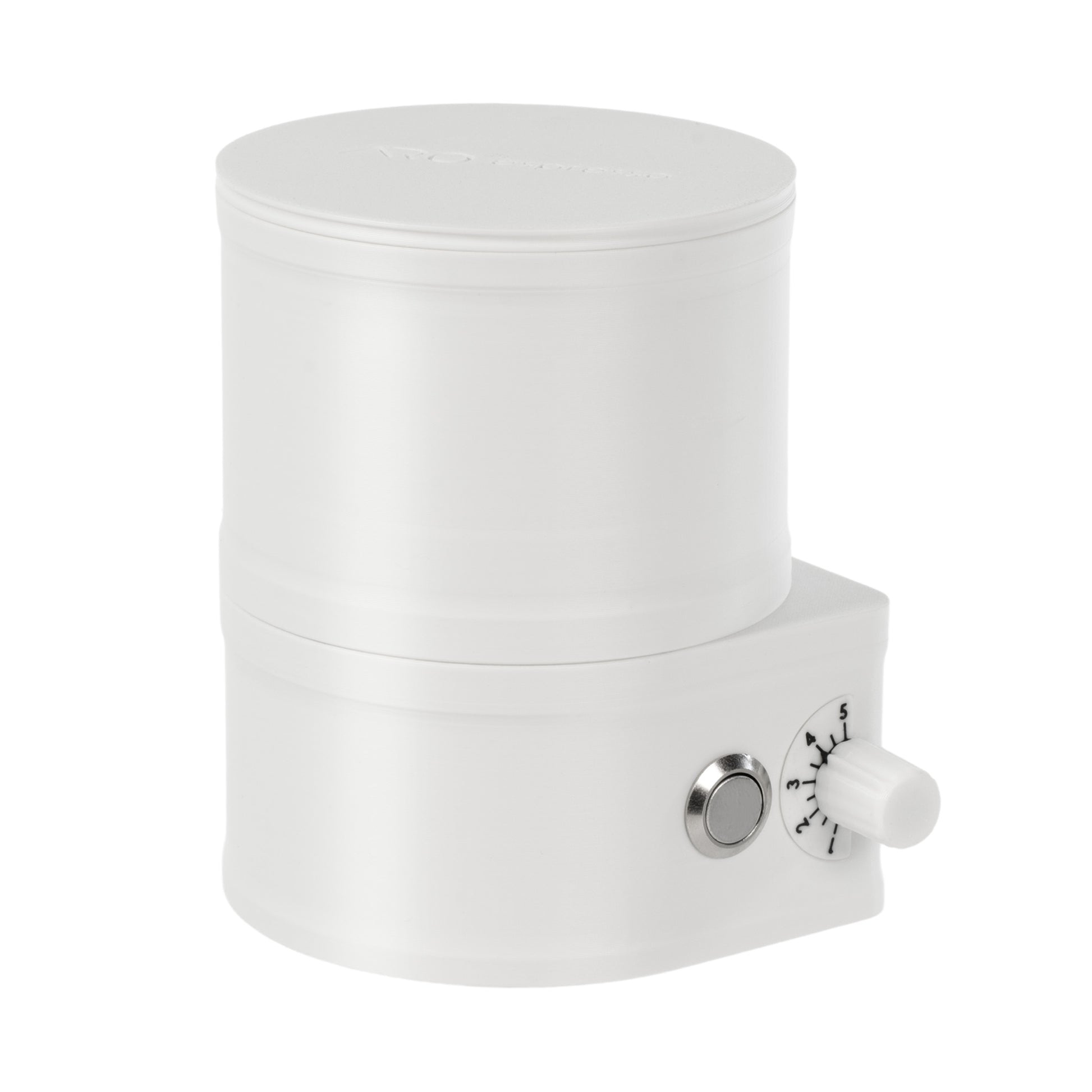 White ARO Slow Feeder shown on a white background, featuring a cylindrical body, matte finish, and an adjustable grind-flow control dial with numbered settings.