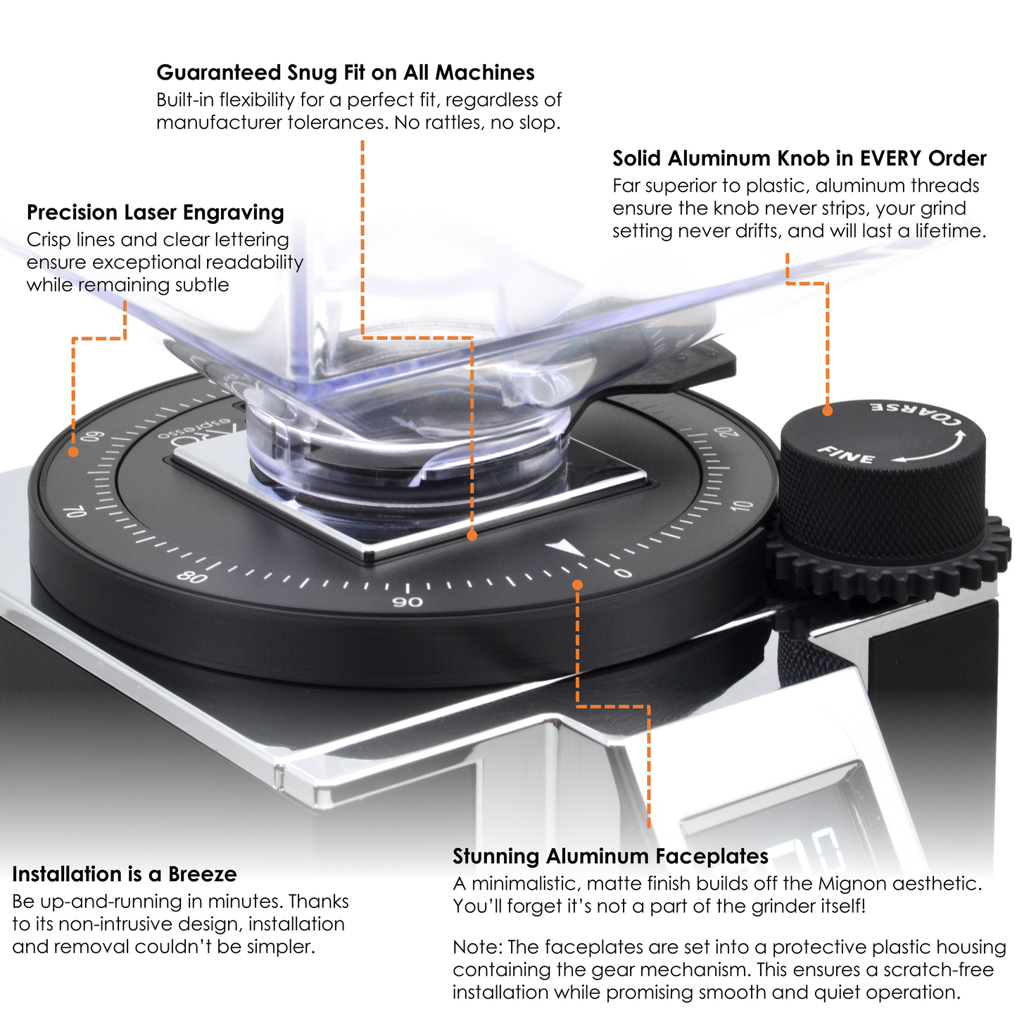 ARO Espresso Aluminum Grinder Setting Dial installed on Eureka Mignon with text showing key features