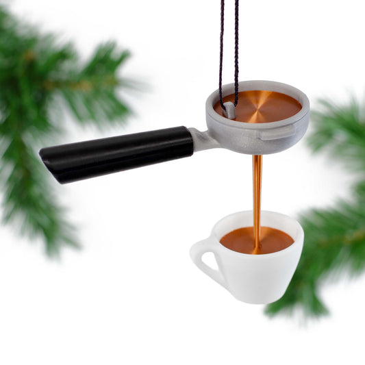 3D Espresso Shot Holiday Ornament | Bottomless Portafilter with Espresso Stream | Three-Dimensional/3D Ornament | Coffee Christmas Ornament