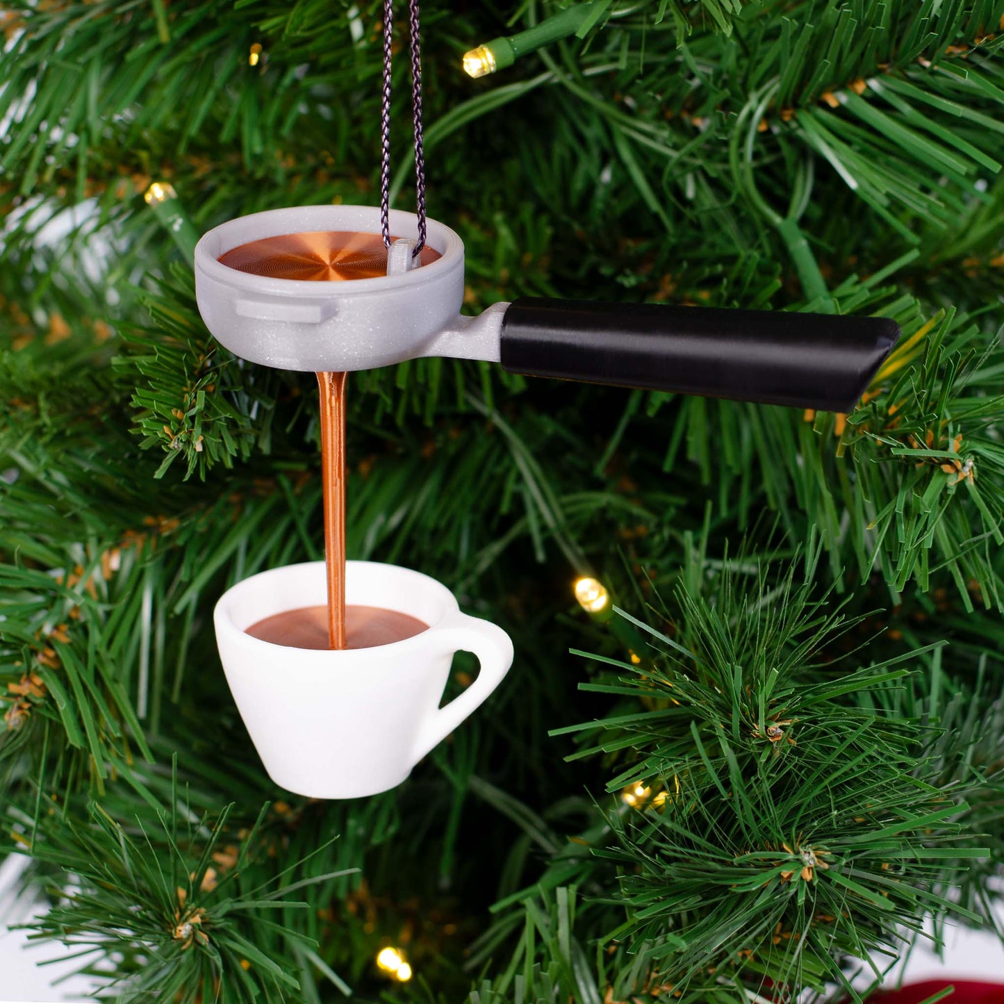 3D Espresso Shot Holiday Ornament | Bottomless Portafilter with Espresso Stream