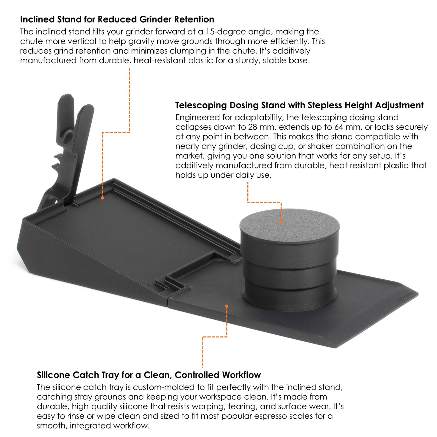 ARO Espresso® Inclined Stand for Eureka Mignon | Silicone Catch Tray | Telescoping Dosing Stand | Low Retention Single Dosing Kit