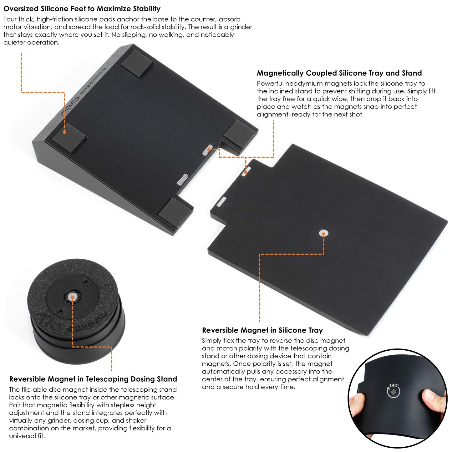 ARO Espresso® Inclined Stand for Eureka Mignon | Silicone Catch Tray | Telescoping Dosing Stand | Low Retention Single Dosing Kit