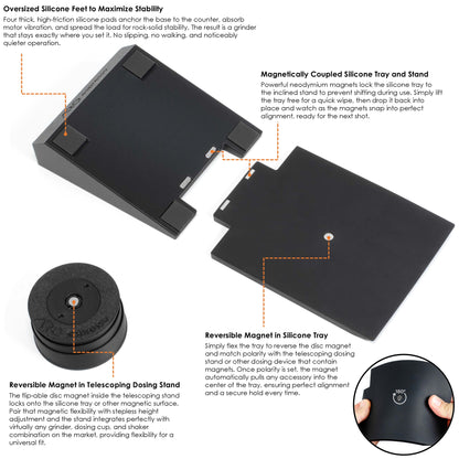 ARO Espresso® Inclined Stand for Eureka Mignon | Silicone Catch Tray | Telescoping Dosing Stand | Low Retention Single Dosing Kit