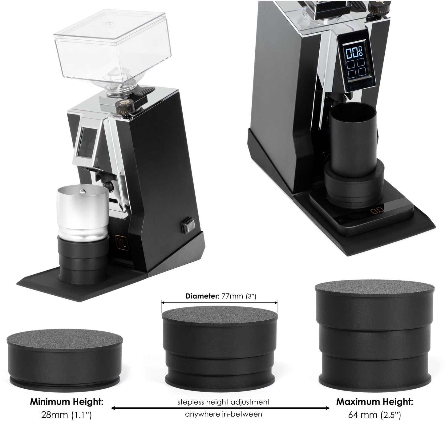 Telescoping espresso dosing stand shown under a grinder chute with dosing cups, including minimum and maximum height positions from 28 mm to 64 mm and a 77 mm diameter.