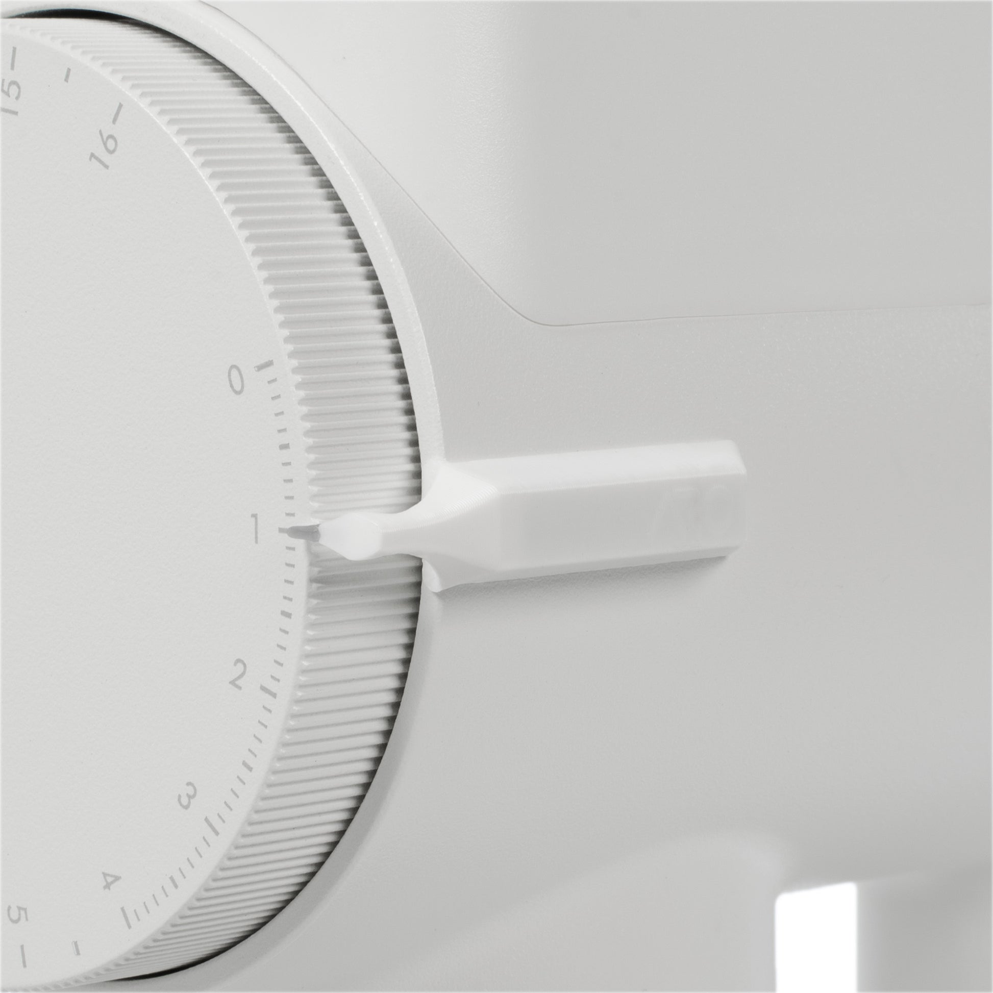 White ARO dial pointer installed on a white Timemore grinder body, aligned to the number one grind setting.