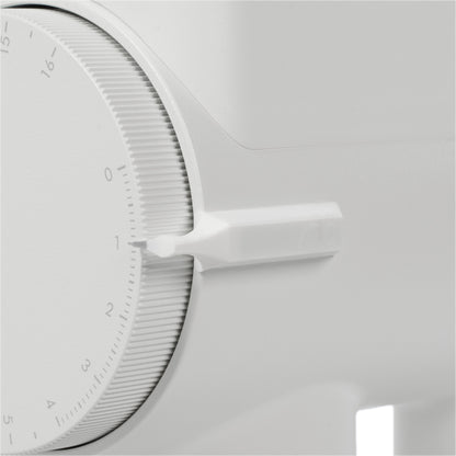 White ARO dial pointer installed on a white Timemore grinder body, aligned to the number one grind setting.