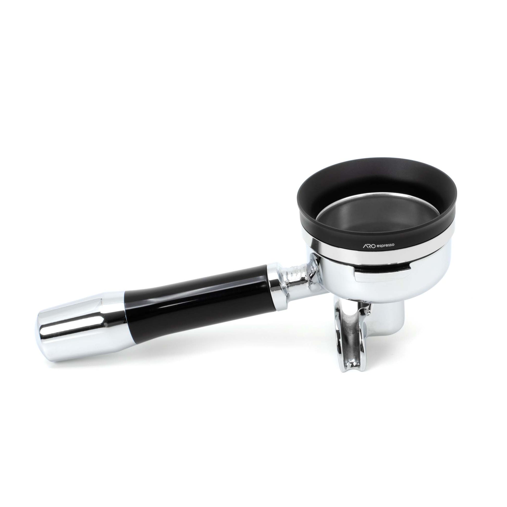 The ARO PortaFunnel in the short version snugly fitted on a portafilter, ready for a precise and mess-free espresso dose.