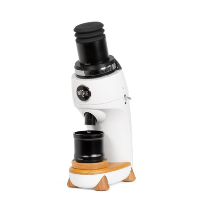 White Niche Zero coffee grinder with black ARO aluminum single dose hopper and silicone bellows installed