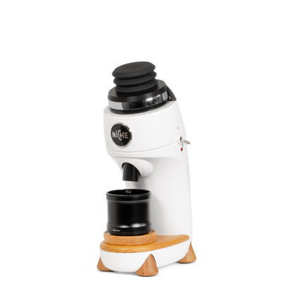 White Niche Zero grinder with black ARO silicone bellows installed in the compact low-profile single dose configuration