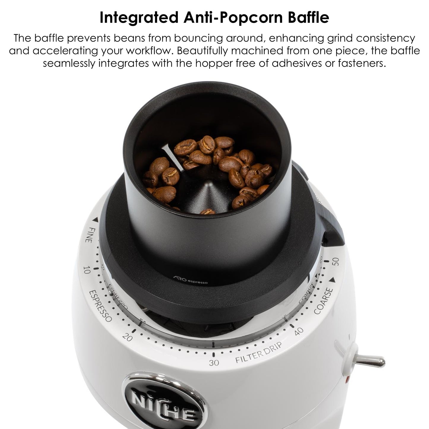 ARO aluminum single dose hopper installed on a Niche Zero grinder with coffee beans showing the integrated anti-popcorn baffle