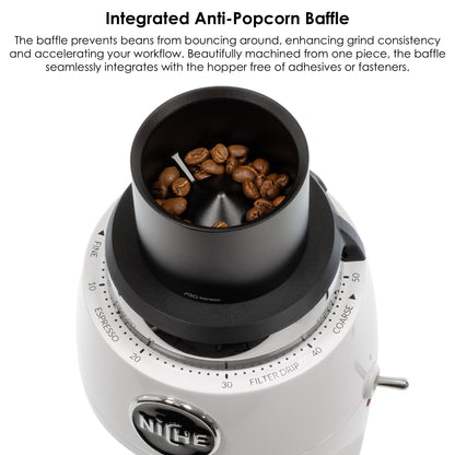 ARO aluminum single dose hopper installed on a Niche Zero grinder with coffee beans showing the integrated anti-popcorn baffle