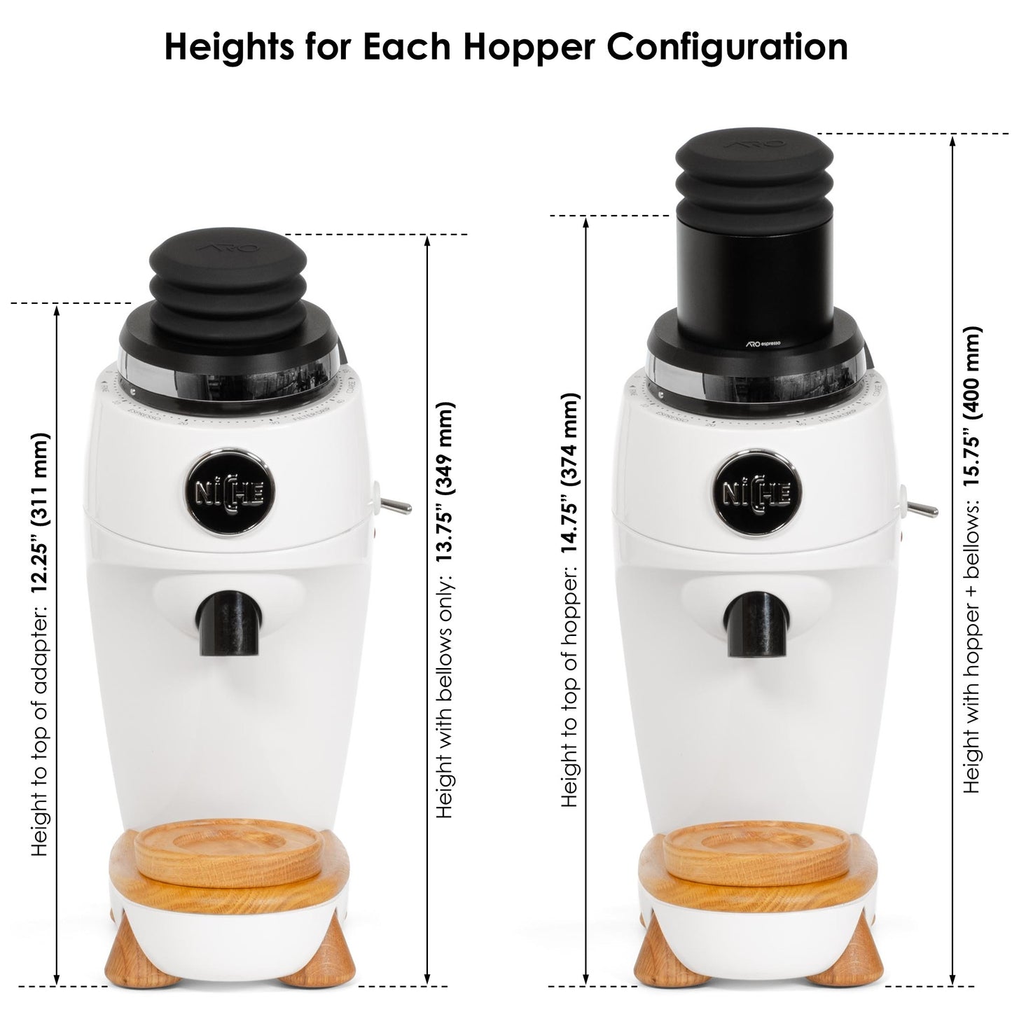 Niche Zero grinder height comparison showing adapter-only, bellows-only, and aluminum hopper with bellows configurations