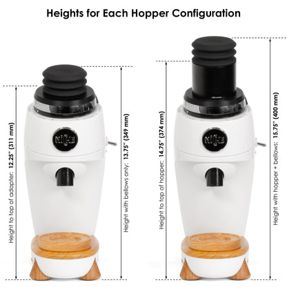 Niche Zero grinder height comparison showing adapter-only, bellows-only, and aluminum hopper with bellows configurations