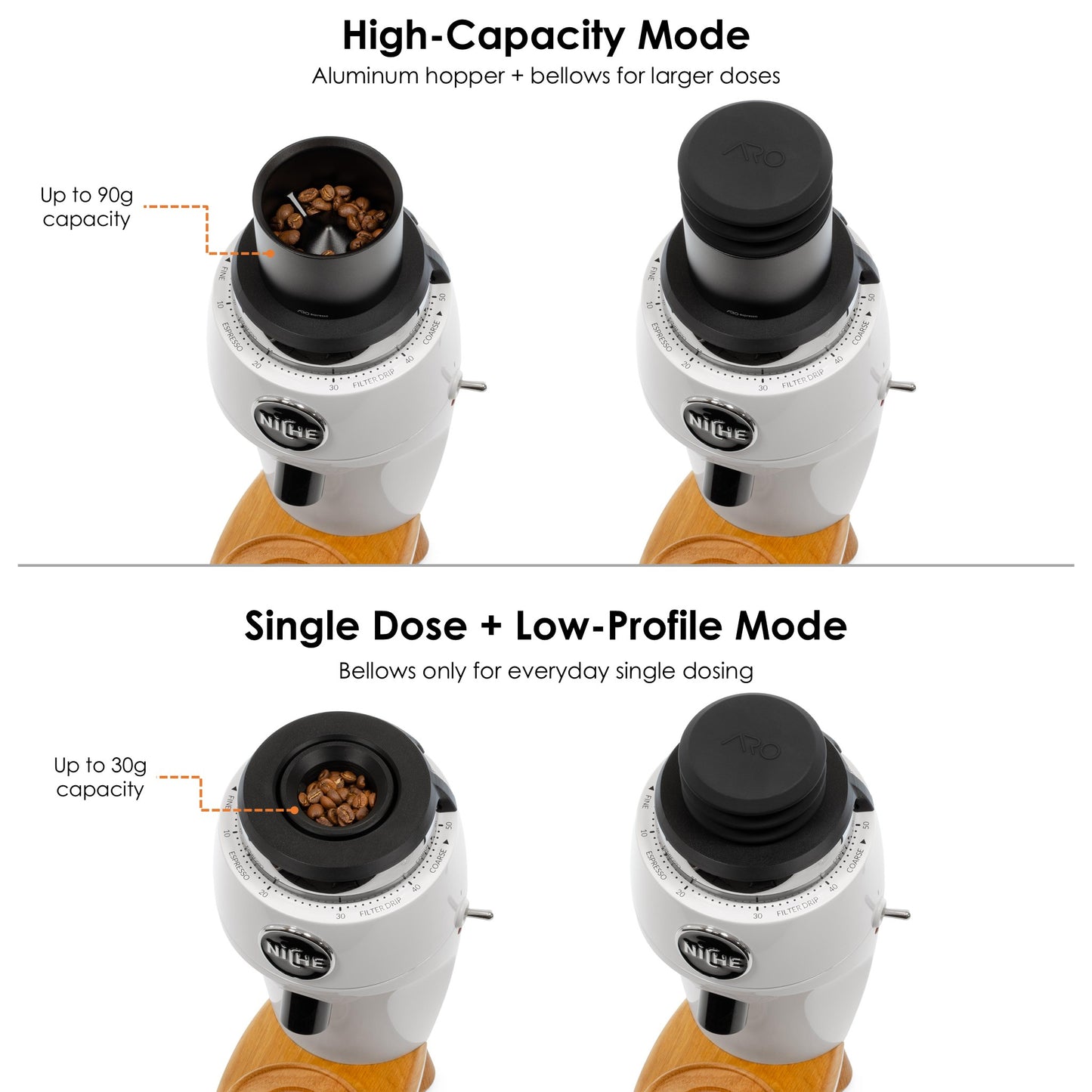 Niche Zero single dose hopper configurations showing 90g aluminum hopper mode and 30g low-profile bellows-only mode