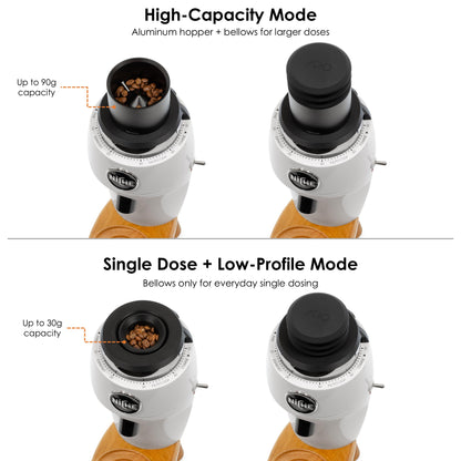 Niche Zero single dose hopper configurations showing 90g aluminum hopper mode and 30g low-profile bellows-only mode