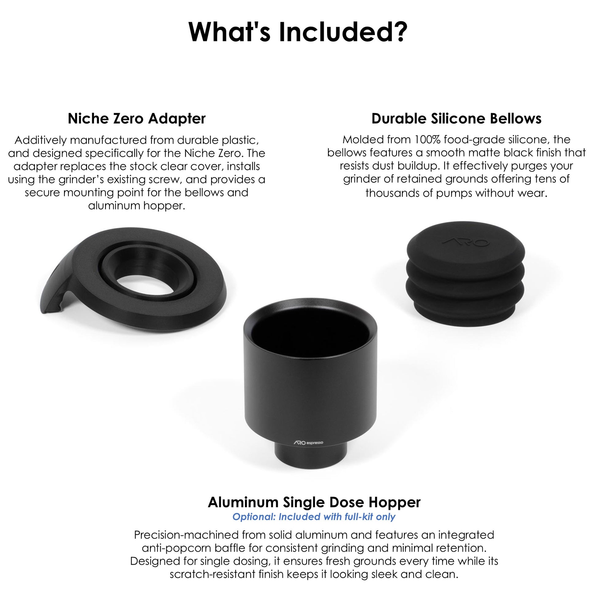 ARO Niche Zero single dose hopper components showing the PLA adapter, silicone bellows, and black aluminum hopper