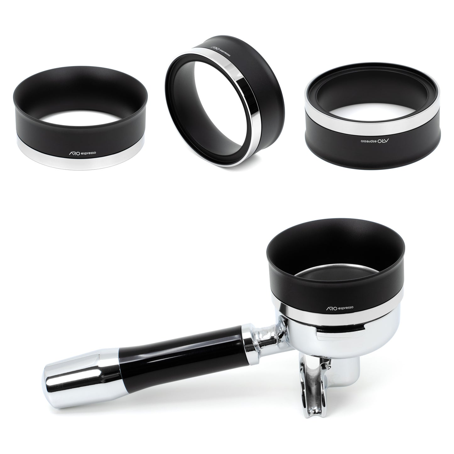 ARO PortaFunnel™ | Magnetic Dosing Funnel for Espresso | Black Anodized Aluminum and Polished Stainless Steel
