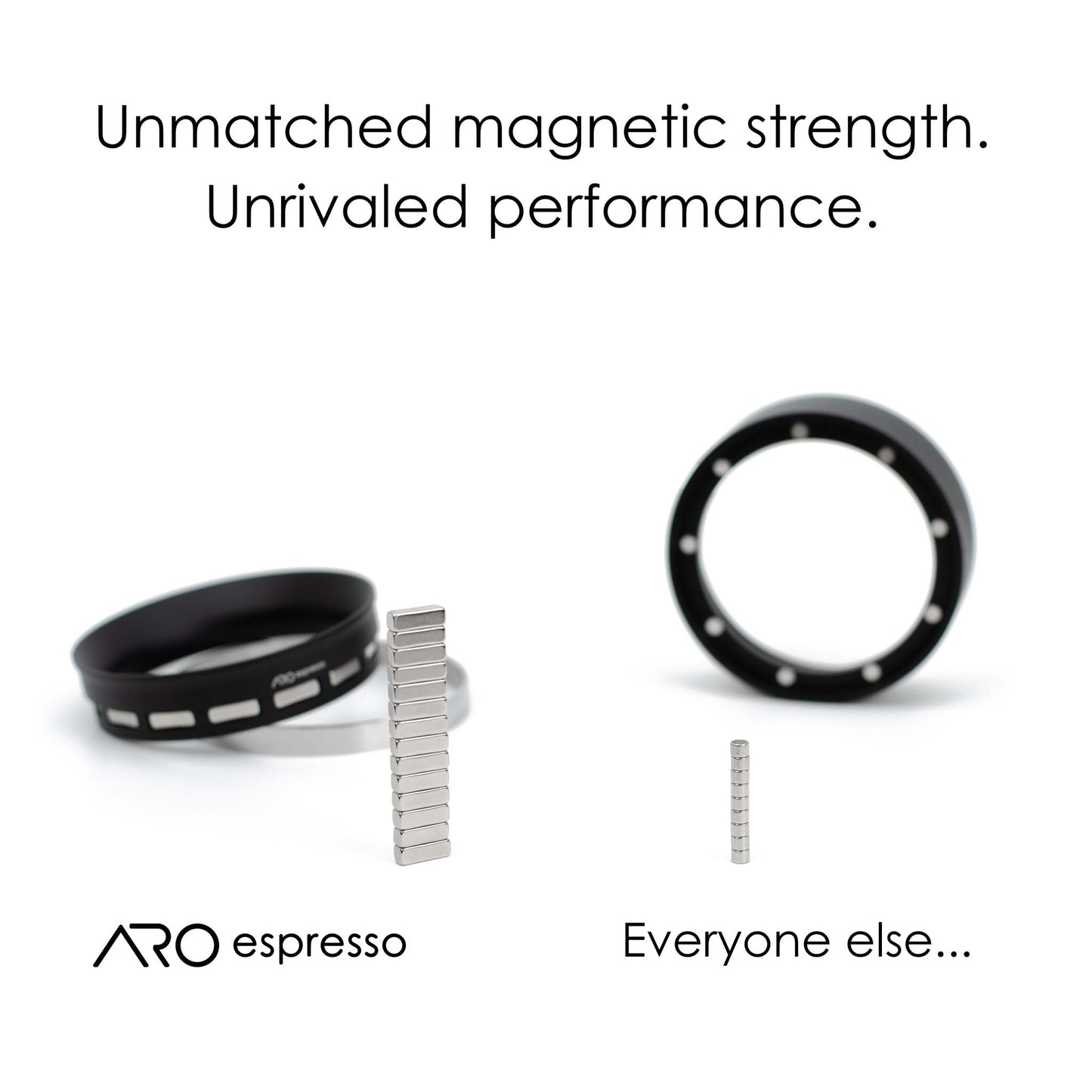 ARO PortaFunnel next to a large stack of magnets compared to a competitor's next to a tiny stack of magnets, showcasing unmatched magnetic strength for espresso dosing.