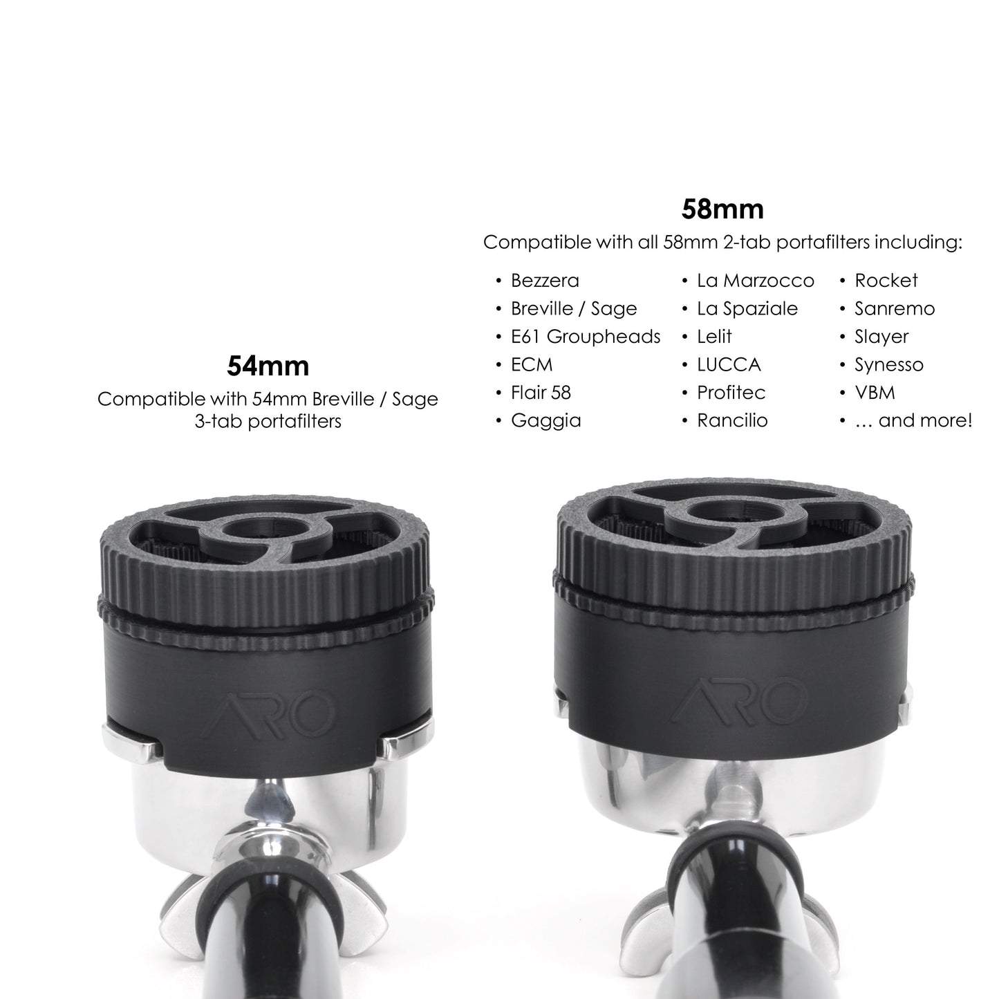 A 54mm and a 58mm portafilter each with a rotating distribution tool on top.