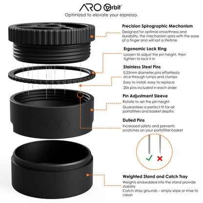 An exploded rendering of the ARO Orbit that details the main features like dull pins and an adjustable sleeve.