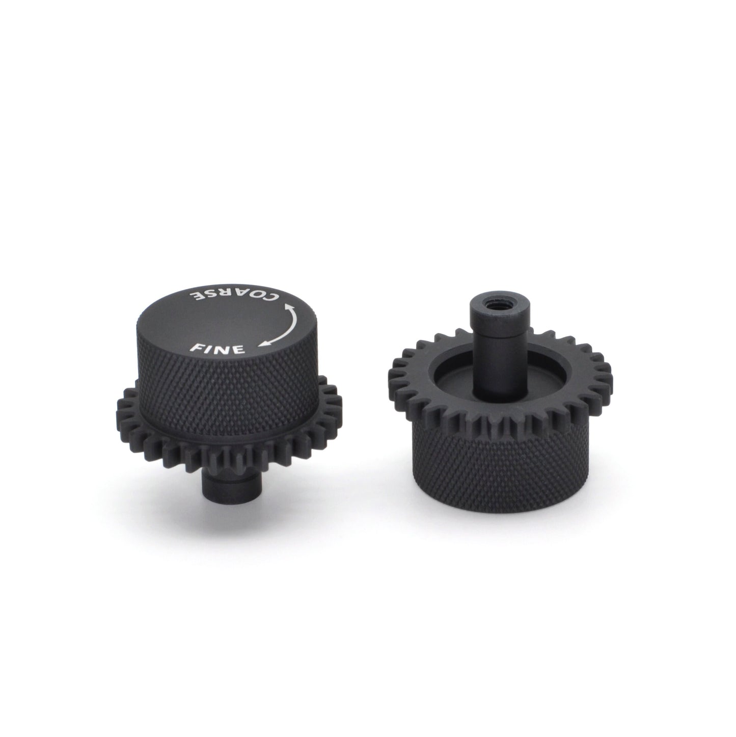 A matte back aluminum threaded knob that is knurled and includes an integrated gear